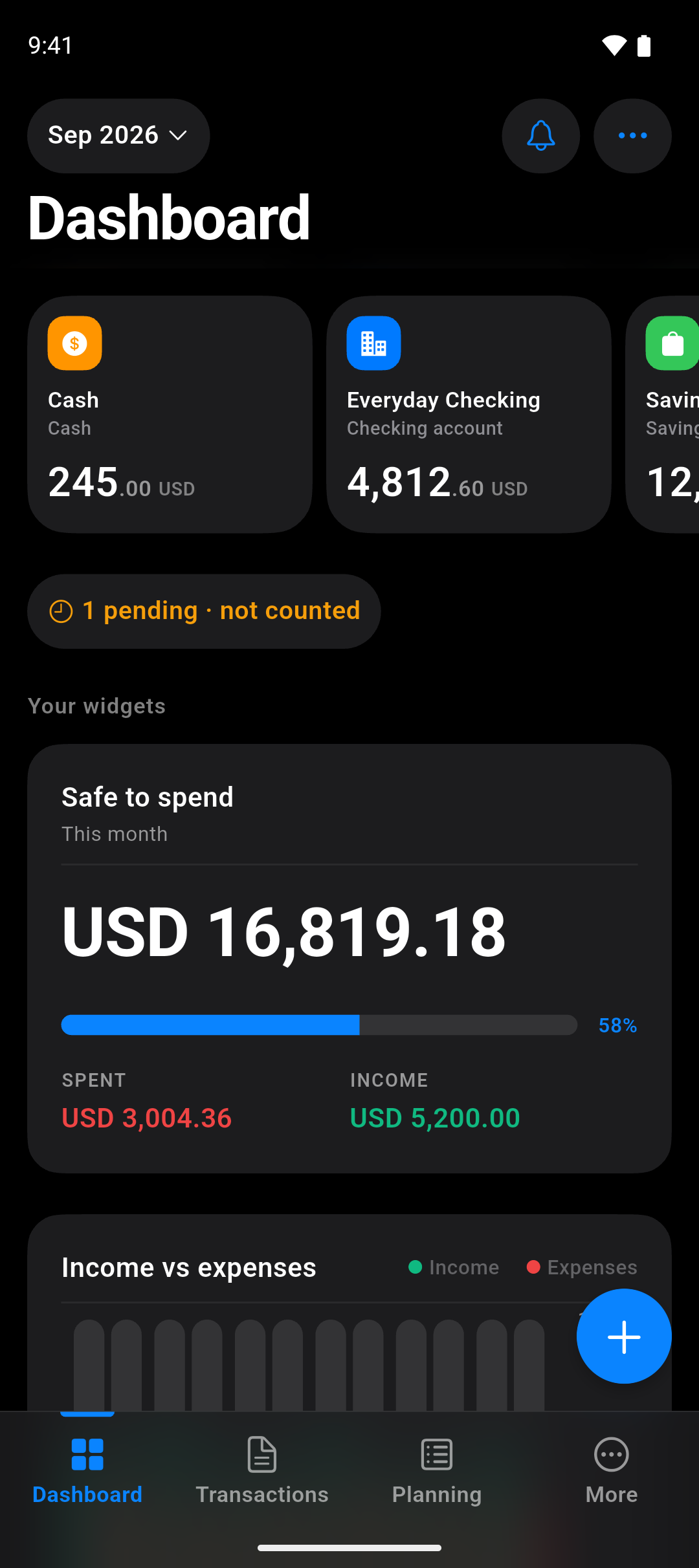 The Expenselix dashboard, showing account balances and a monthly summary