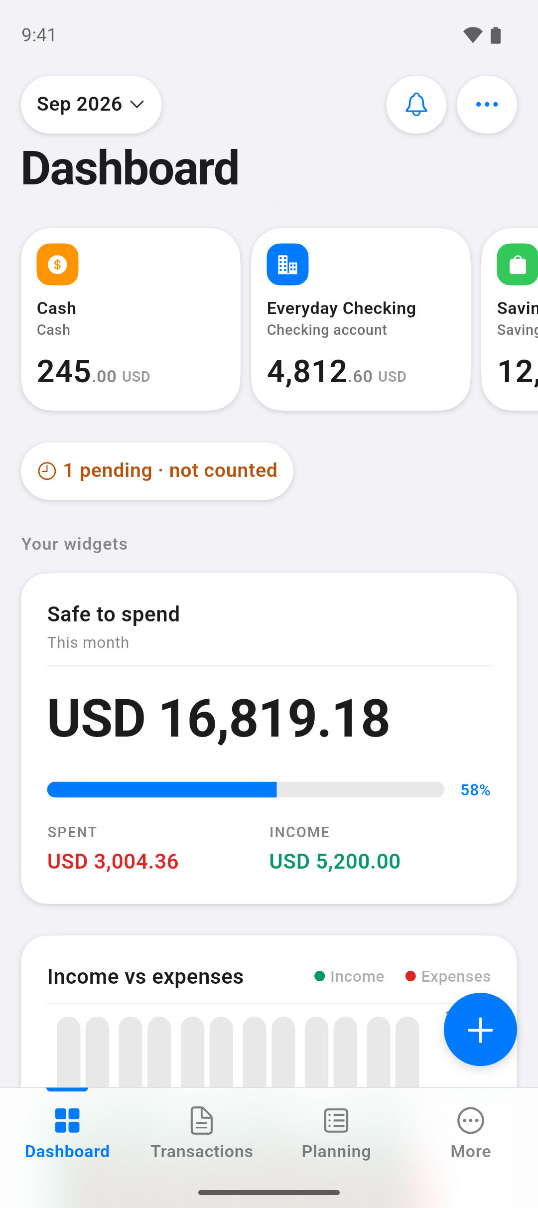 The Expenselix dashboard, showing account balances and a monthly summary
